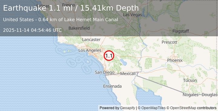 Earthquake 4 km ESE of Valle Vista, CA (1.1 ml) (2025-11-14 04:54:46 UTC)
