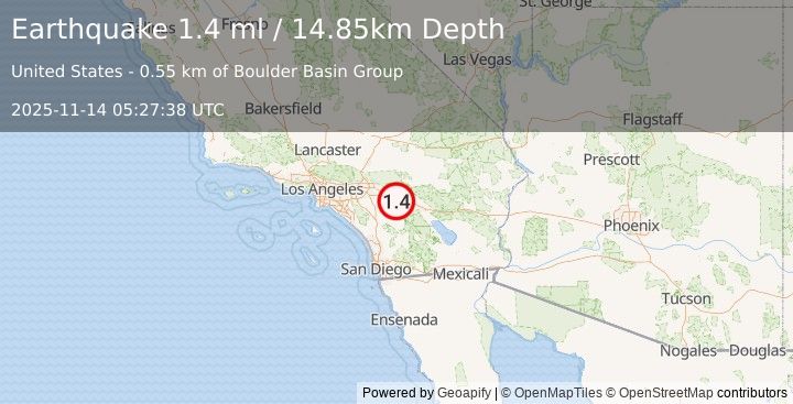 Earthquake 10 km SSE of Cabazon, CA (1.4 ml) (2025-11-14 05:27:38 UTC)