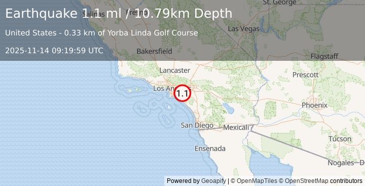 Earthquake 2 km SE of Yorba Linda, CA (1.1 ml) (2025-11-14 09:19:59 UTC)