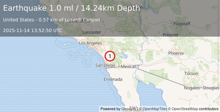 Earthquake 6 km WNW of Lake Henshaw, CA (1.0 ml) (2025-11-14 13:52:50 UTC)