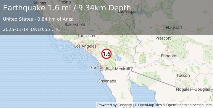 Earthquake 1 km E of Anza, CA (1.6 ml) (2025-11-14 19:10:56 UTC)