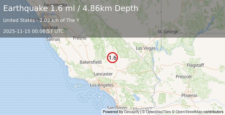 Earthquake 16 km SSW of Searles Valley, CA (1.6 ml) (2025-11-15 00:06:57 UTC)