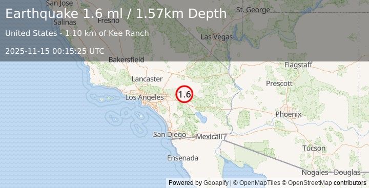 Earthquake 10 km WNW of Yucca Valley, CA (1.6 ml) (2025-11-15 00:15:25 UTC)