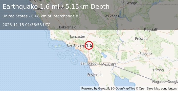 Earthquake 4 km SSE of Mentone, CA (1.6 ml) (2025-11-15 01:36:53 UTC)