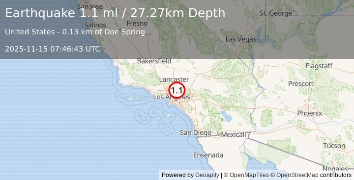 Earthquake 6 km NNE of Fontana, CA (0.6 ml) (2025-11-15 07:46:51 UTC)