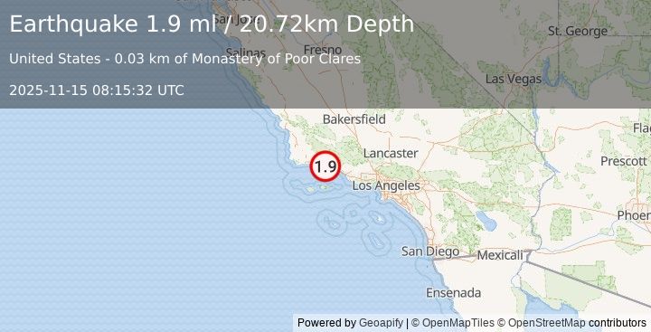 Earthquake 11 km N of Santa Barbara, CA (1.3 ml) (2025-11-15 08:15:34 UTC)