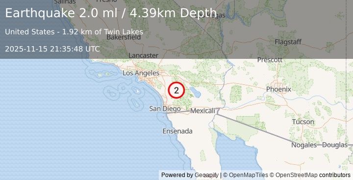 Earthquake 14 km N of Warner Springs, CA (2.0 ml) (2025-11-15 21:35:48 UTC)