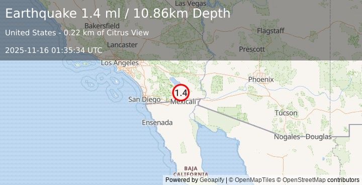Earthquake 4 km WSW of Brawley, CA (1.4 ml) (2025-11-16 01:35:34 UTC)