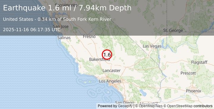 Earthquake 4 km N of Lake Isabella, CA (1.3 ml) (2025-11-16 06:17:34 UTC)