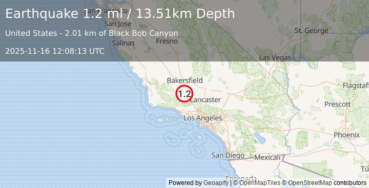 Earthquake 11 km WSW of Grapevine, CA (1.2 ml) (2025-11-16 12:08:13 UTC)