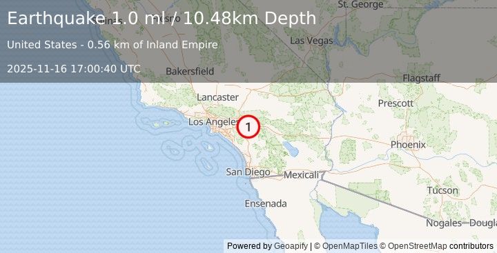 Earthquake 8 km ENE of Moreno Valley, CA (0.9 ml) (2025-11-16 17:00:39 UTC)
