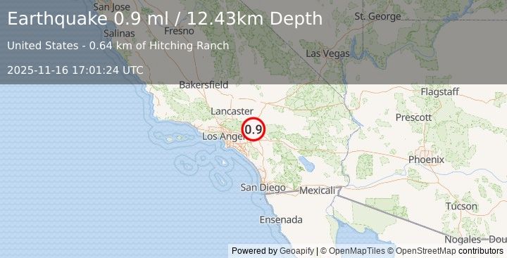 Earthquake 4 km SE of Lytle Creek, CA (0.9 ml) (2025-11-16 17:01:24 UTC)