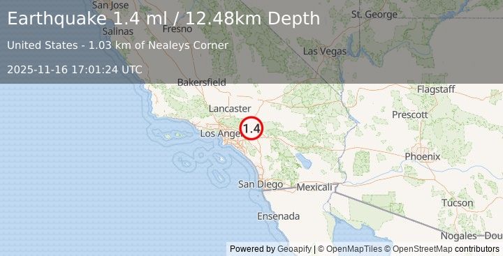Earthquake 6 km SW of Devore, CA (1.4 ml) (2025-11-16 17:01:24 UTC)