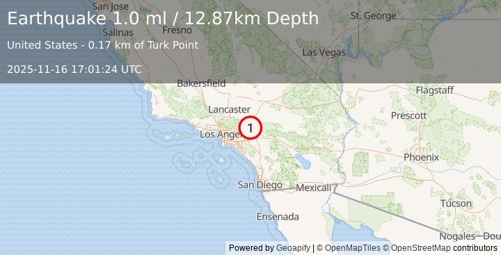 Earthquake 5 km SE of Lytle Creek, CA (1.0 ml) (2025-11-16 17:01:24 UTC)