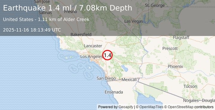 Earthquake 9 km SSE of Running Springs, CA (1.4 ml) (2025-11-16 18:13:49 UTC)