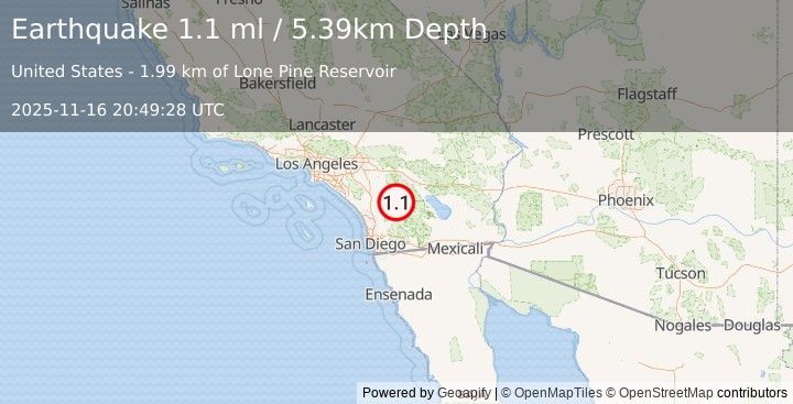 Earthquake 14 km N of Warner Springs, CA (1.1 ml) (2025-11-16 20:49:28 UTC)