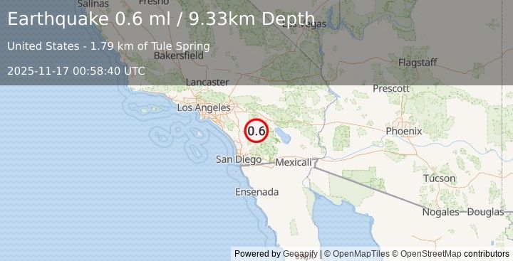 Earthquake 12 km SSE of Anza, CA (0.6 ml) (2025-11-17 00:58:40 UTC)