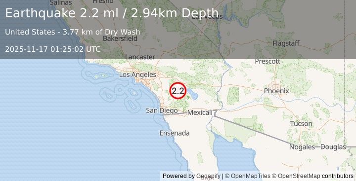 Earthquake 23 km NNW of Borrego Springs, CA (2.1 ml) (2025-11-17 01:25:03 UTC)