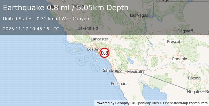 Earthquake 5 km E of Villa Park, CA (0.8 ml) (2025-11-17 10:45:16 UTC)