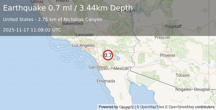 Earthquake 23 km NNW of Borrego Springs, CA (0.7 ml) (2025-11-17 11:08:02 UTC)