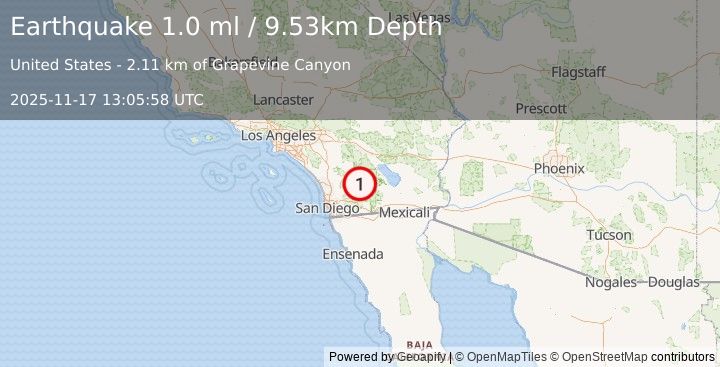 Earthquake 12 km SW of Borrego Springs, CA (1.0 ml) (2025-11-17 13:05:58 UTC)
