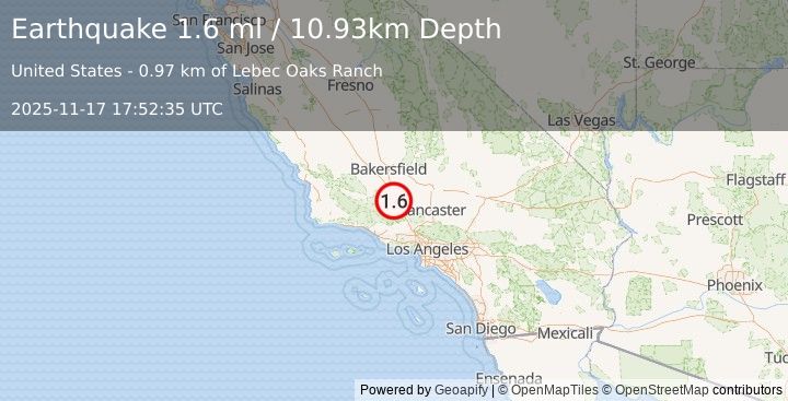 Earthquake 4 km WNW of Lebec, CA (1.6 ml) (2025-11-17 17:52:35 UTC)