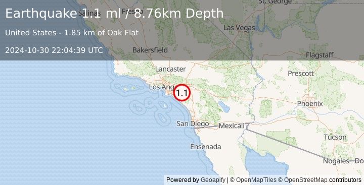 Earthquake 6 km WSW of Corona, CA (1.1 ml) (2024-10-30 22:04:39 UTC)