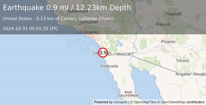 Earthquake 5 km W of Lemon Grove, CA (0.9 ml) (2024-10-31 05:01:35 UTC)