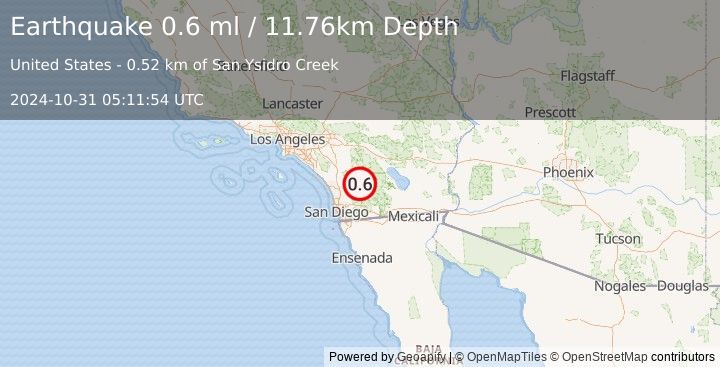 Earthquake 5 km SSW of Warner Springs, CA (0.6 ml) (2024-10-31 05:11:54 UTC)