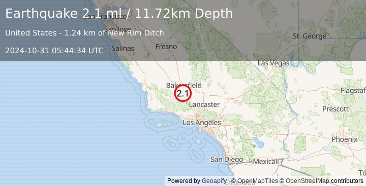 Earthquake 21 km NNW of Grapevine, CA (2.1 ml) (2024-10-31 05:44:34 UTC)