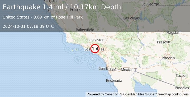 Earthquake 3 km SSE of Highland Park, CA (1.4 ml) (2024-10-31 07:18:39 UTC)