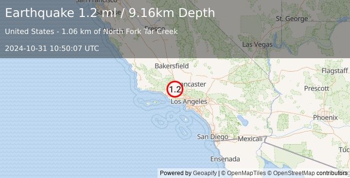 Earthquake 13 km NNW of Piru, CA (1.2 ml) (2024-10-31 10:50:07 UTC)