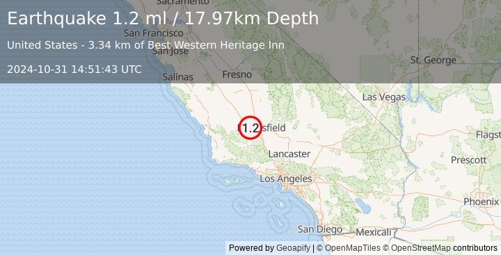 Earthquake 10 km ESE of Buttonwillow, CA (1.2 ml) (2024-10-31 14:51:43 UTC)