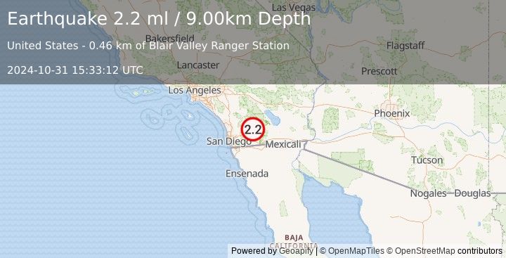 Earthquake 18 km ESE of Julian, CA (2.2 ml) (2024-10-31 15:33:12 UTC)