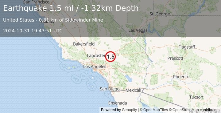 Earthquake 16 km NNE of Apple Valley, CA (1.5 ml) (2024-10-31 19:47:51 UTC)