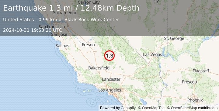 Earthquake 28 km WNW of Coso Junction, CA (1.3 ml) (2024-10-31 19:53:20 UTC)