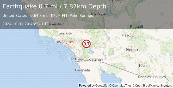 Earthquake 16 km ENE of Thousand Palms, CA (0.7 ml) (2024-10-31 20:48:24 UTC)