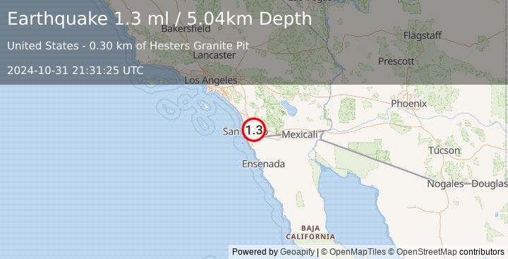 Earthquake 4 km ENE of Rancho San Diego, CA (1.3 ml) (2024-10-31 21:31:25 UTC)