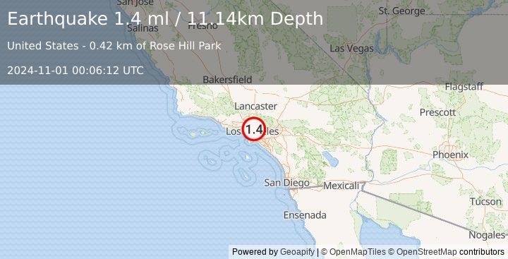 Earthquake 3 km SSE of Highland Park, CA (1.4 ml) (2024-11-01 00:06:12 UTC)