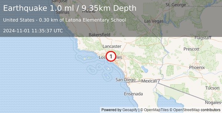 Earthquake 3 km S of Highland Park, CA (1.0 ml) (2024-11-01 11:35:37 UTC)