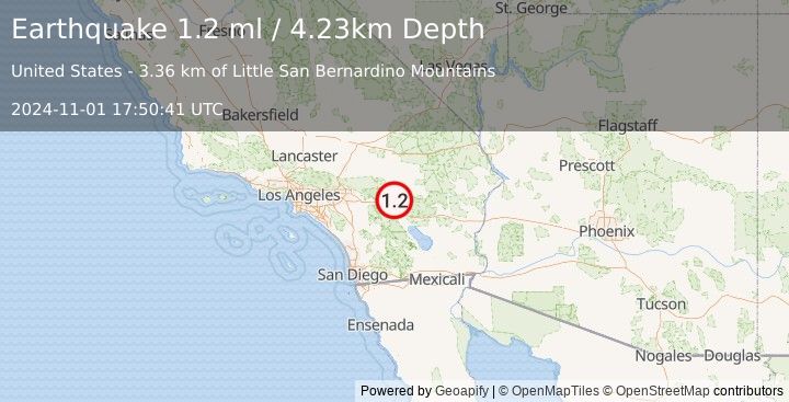 Earthquake 15 km NNE of Thousand Palms, CA (1.2 ml) (2024-11-01 17:50:41 UTC)