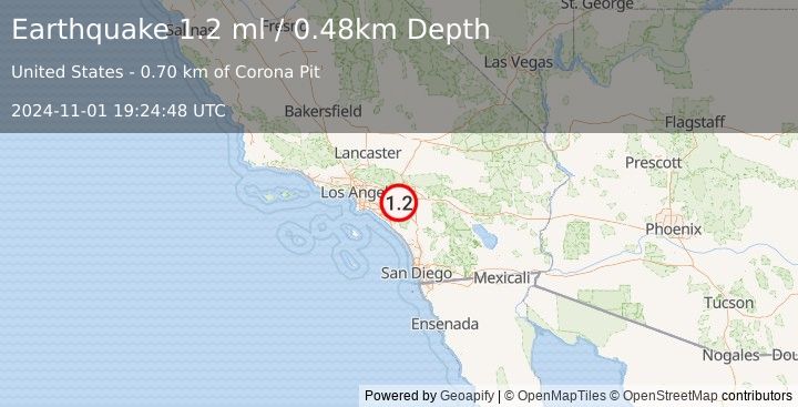 Earthquake 2 km SSE of Home Gardens, CA (1.2 ml) (2024-11-01 19:24:48 UTC)