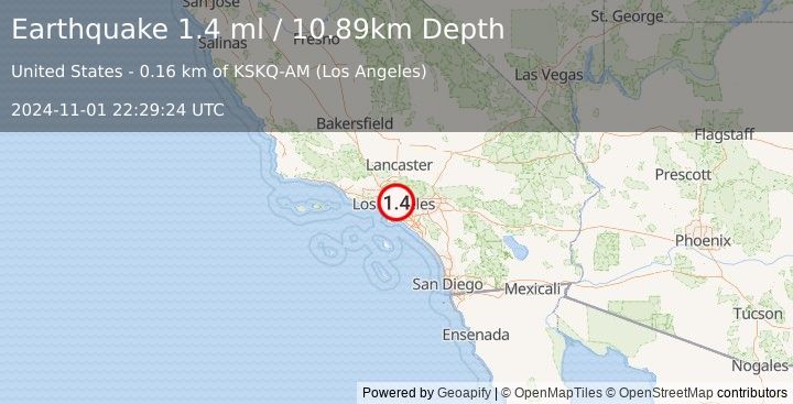 Earthquake 5 km SSE of Highland Park, CA (1.4 ml) (2024-11-01 22:29:24 UTC)