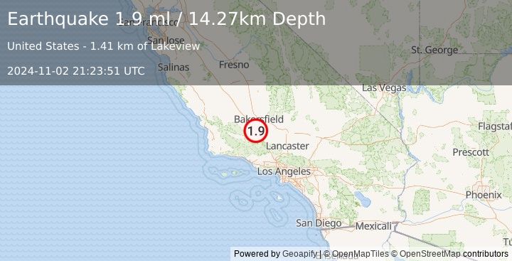 Earthquake 22 km NW of Grapevine, CA (1.9 ml) (2024-11-02 21:23:51 UTC)