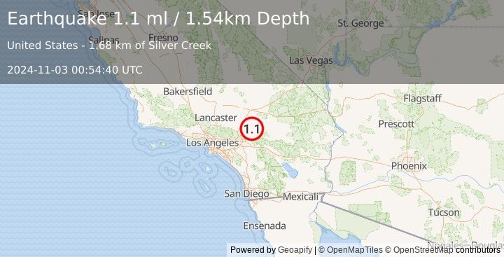 Earthquake 4 km SW of Lucerne Valley, CA (1.1 ml) (2024-11-03 00:54:40 UTC)