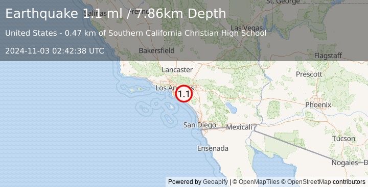 Earthquake 4 km SE of Placentia, CA (1.1 ml) (2024-11-03 02:42:38 UTC)