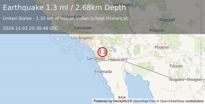 Earthquake 8 km NNW of Julian, CA (1.3 ml) (2024-11-03 20:30:48 UTC)