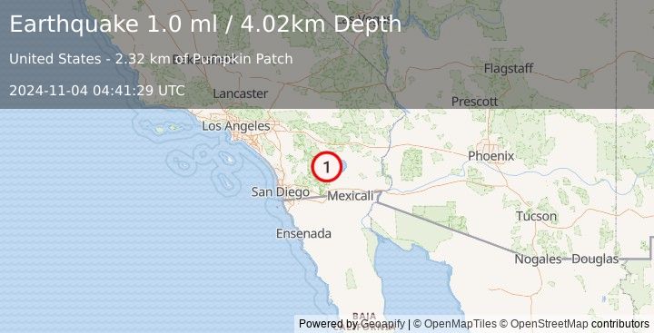 Earthquake 11 km SW of Salton City, CA (1.0 ml) (2024-11-04 04:41:29 UTC)