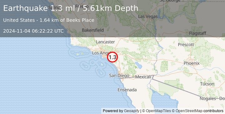 Earthquake 9 km SW of Corona, CA (1.3 ml) (2024-11-04 06:22:22 UTC)