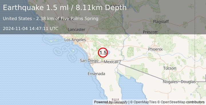 Earthquake 10 km NNE of Ocotillo Wells, CA (1.5 ml) (2024-11-04 14:47:11 UTC)